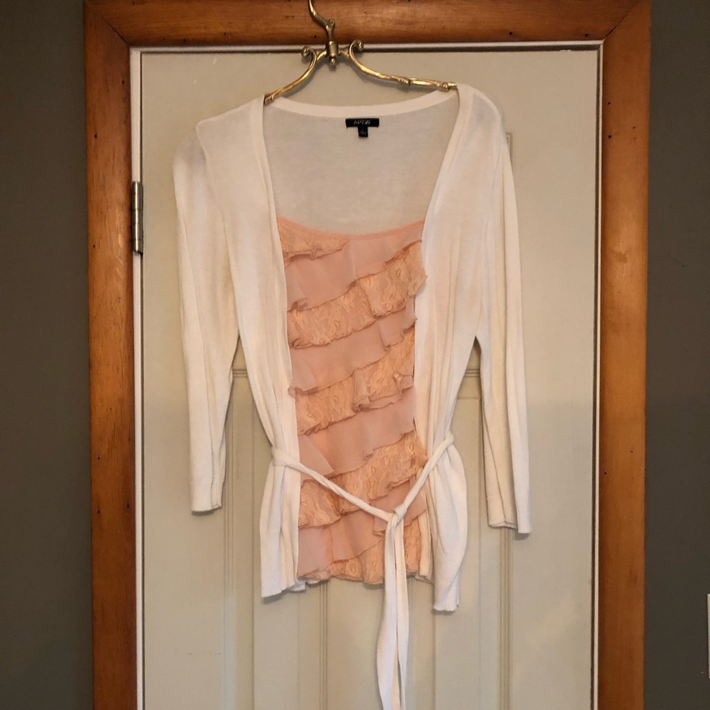 White Cardigan Mock Ruffle Attached Undershirt